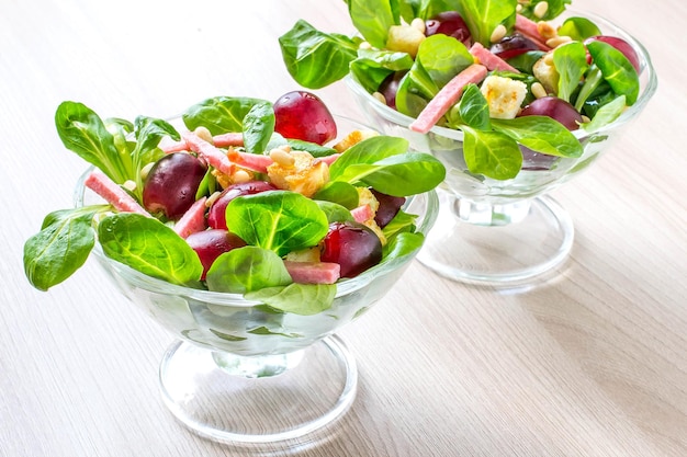 Colorful salads on table